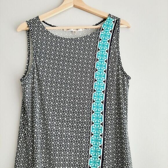 MAX STUDIO Geometric Blue Pattern Stretchy Faux Wrap Mini Dress Sz L - Picture 3 of 15